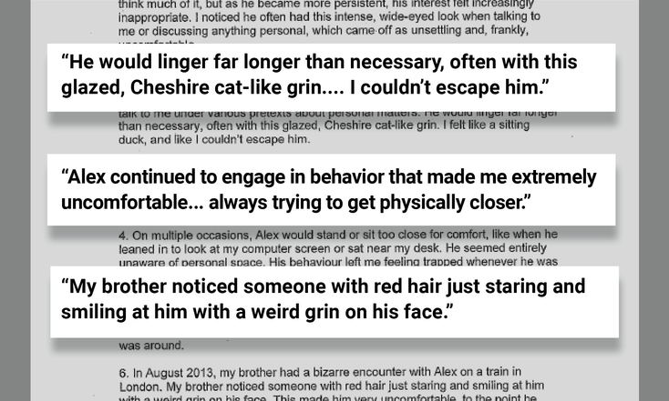 In a statement, a young female staff member at the London Church recounts her harrowing experiences as a stalking victim targeted by Alex Barnes-Ross.