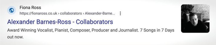 The Google search result for Alexander Barnes-Ross’ “collaborator” page on Fiona Ross’ website yielded an error “Something has gone wrong” signaling the page’s removal. (Note: The “vocalist, pianist, composer, producer and journalist” described is Fiona Ross, not Alex.)